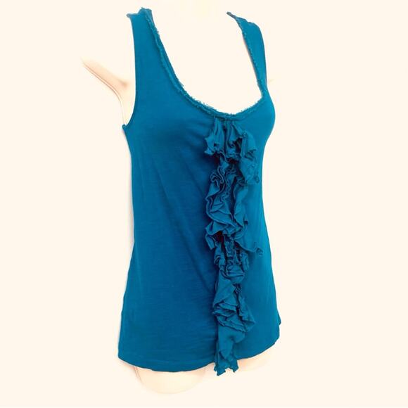 Ann Taylor Loft Teal Blue Textured Ruffled Front Tank Top Wide Scoop Neck - Picture 16 of 16